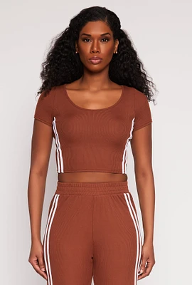 Womens Varsity Stripe Short Sleeve Crop Top, Brown, Size S