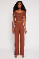 Womens Varsity Stripe Short Sleeve Crop Top, Brown, Size S
