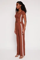 Womens Varsity Stripe Short Sleeve Crop Top, Brown, Size S