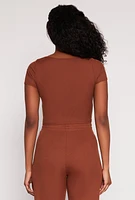 Womens Varsity Stripe Short Sleeve Crop Top, Brown, Size S