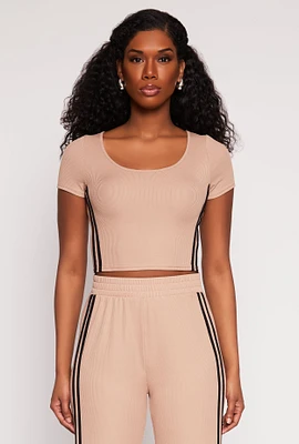 Womens Varsity Stripe Short Sleeve Crop Top, Beige, Size M