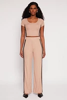 Womens Varsity Stripe Short Sleeve Crop Top, Beige, Size M