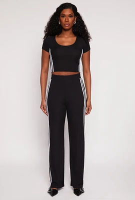 Womens Rib Knit Varsity Stripe Wide Leg Pants, Black, Size L