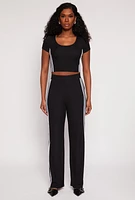 Womens Rib Knit Varsity Stripe Wide Leg Pants, Black, Size L