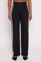 Womens Rib Knit Varsity Stripe Wide Leg Pants, Black, Size L