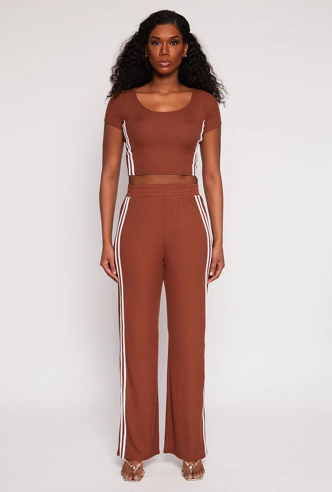 Womens Rib Knit Varsity Stripe Wide Leg Pants, Brown, Size L