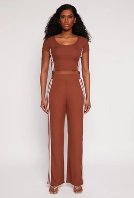 Womens Rib Knit Varsity Stripe Wide Leg Pants, Brown, Size L