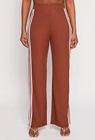 Womens Rib Knit Varsity Stripe Wide Leg Pants, Brown, Size L