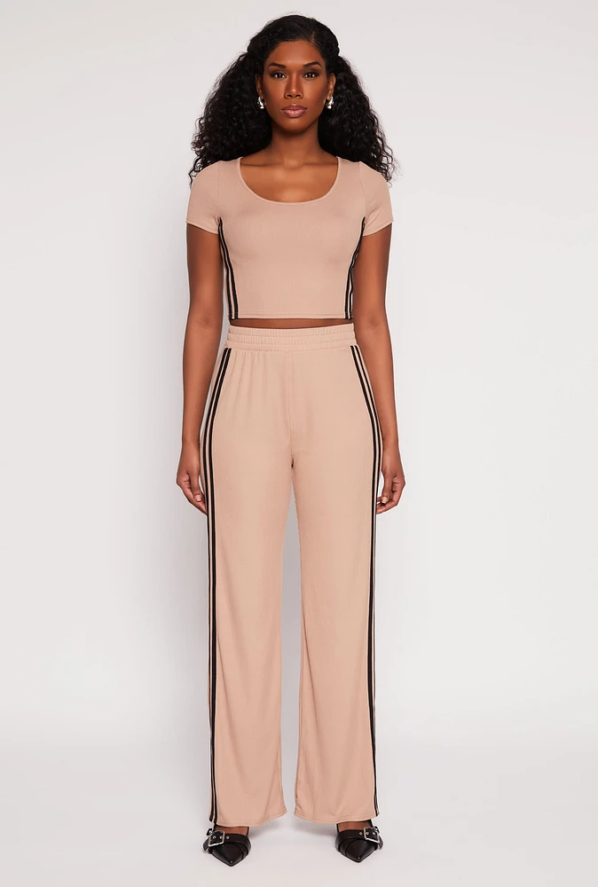 Womens Rib Knit Varsity Stripe Wide Leg Pants, Khaki, Size M