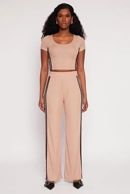 Womens Rib Knit Varsity Stripe Wide Leg Pants, Khaki, Size M
