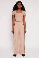 Womens Rib Knit Varsity Stripe Wide Leg Pants, Khaki, Size M