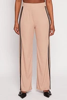 Womens Rib Knit Varsity Stripe Wide Leg Pants, Khaki, Size M