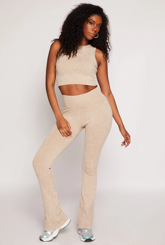 Womens Ribbed Knit Pull On Pants, Khaki, Size L