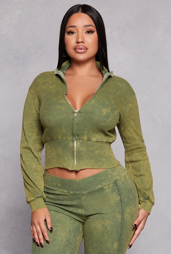 Womens Ribbed Knit Acid Wash Zip Front Crop Top, Green, Size S