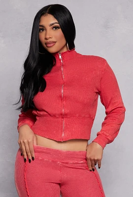 Womens Ribbed Knit Acid Wash Zip Front Crop Top, Red, Size M