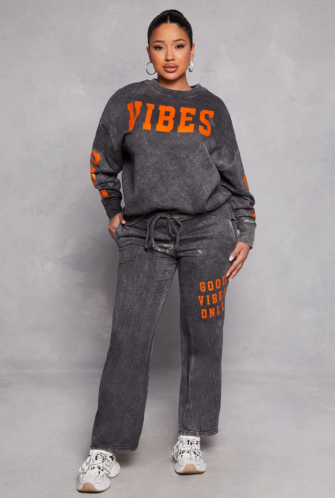 Womens Acid Wash Good Vibes Only Sweatpants, Grey, Size S