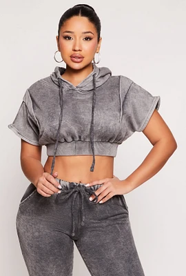 Womens Acid Wash Short Sleeve Cropped Hoodie, Grey, Size S