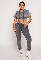 Womens Acid Wash Short Sleeve Cropped Hoodie, Grey, Size S