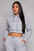 Womens Quilted Cropped Hoodie, Grey, Size XL