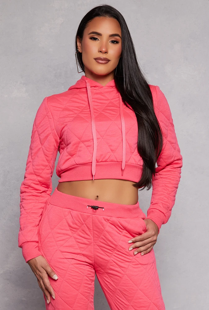 Womens Quilted Cropped Hoodie, Pink, Size XL