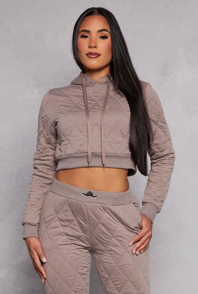 Womens Quilted Cropped Hoodie, Brown, Size L