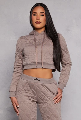 Womens Quilted Cropped Hoodie, Brown, Size L