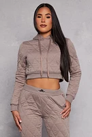 Womens Quilted Cropped Hoodie, Brown, Size L