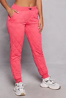 Womens Quilted Toggle Drawstring Joggers, Pink, Size L