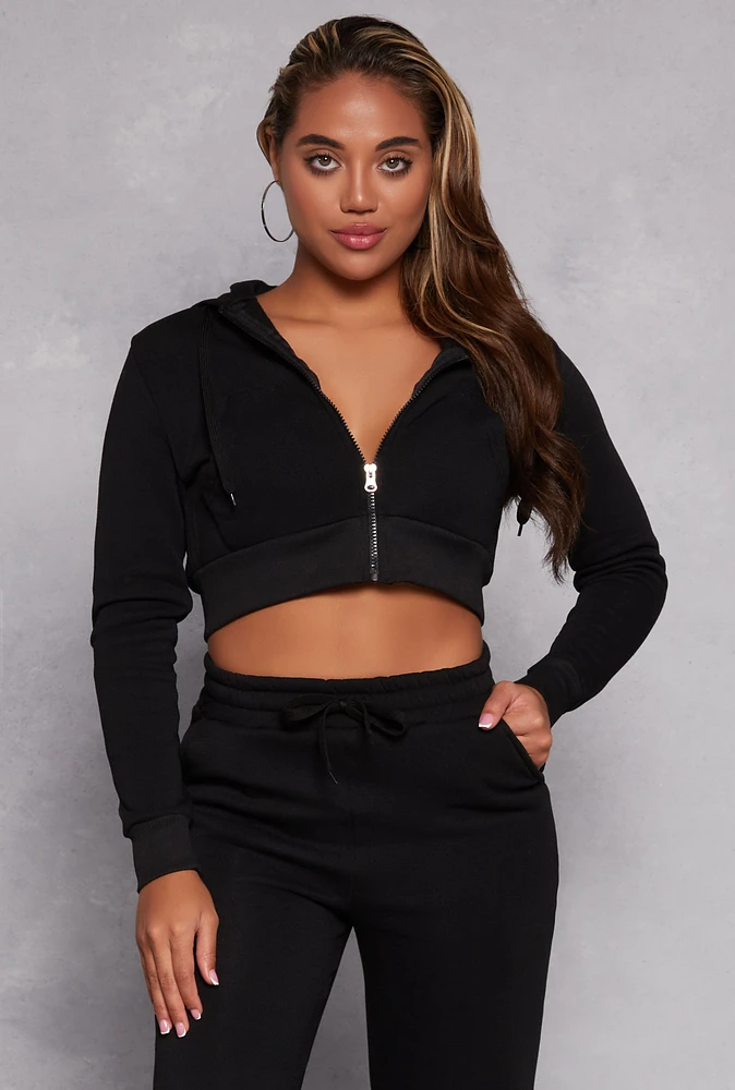 Womens Fleece Zip Cropped Hooded Sweatshirt, Black, Size XL