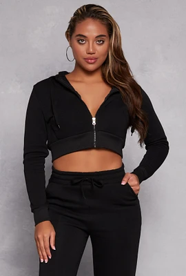 Womens Fleece Zip Cropped Hooded Sweatshirt, Black, Size XL