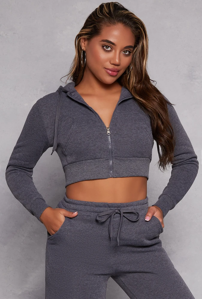 Womens Fleece Zip Cropped Hooded Sweatshirt, Grey,