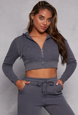 Womens Fleece Zip Cropped Hooded Sweatshirt, Grey,