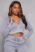 Womens Fleece Zip Cropped Hooded Sweatshirt, Grey,