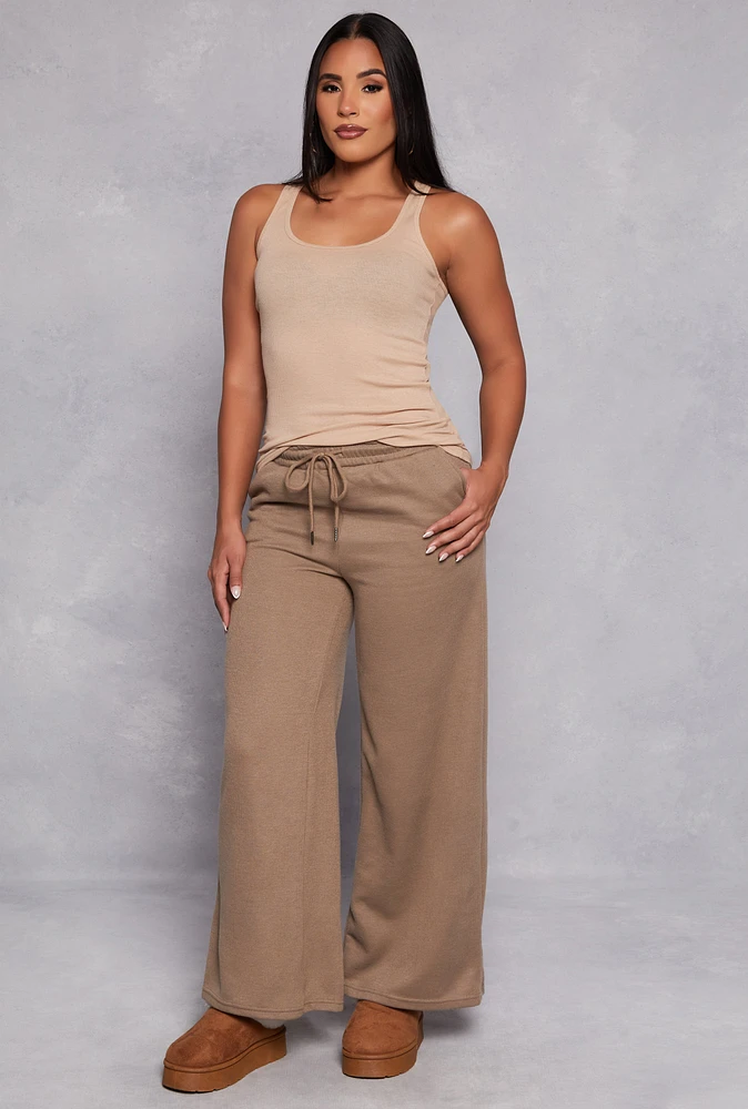 Womens High Waist Wide Leg Sweatpants, Khaki, Size M