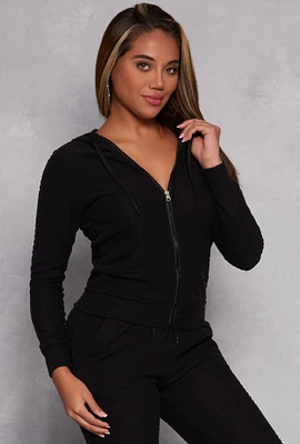 Womens Fleece Patterned Zip Front Hoodie, Black, Size S