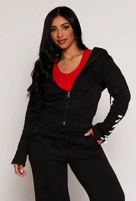 Womens Lace Up Sleeve Zip Front Hoodie,