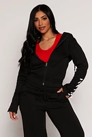 Womens Lace Up Sleeve Zip Front Hoodie, Black, Size L