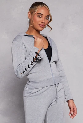 Womens Lace Up Sleeve Zip Front Hoodie,