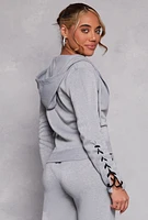 Womens Lace Up Sleeve Zip Front Hoodie,