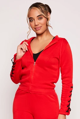 Womens Lace Up Sleeve Zip Front Hoodie, Red, Size S