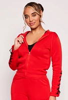 Womens Lace Up Sleeve Zip Front Hoodie, Red, Size M