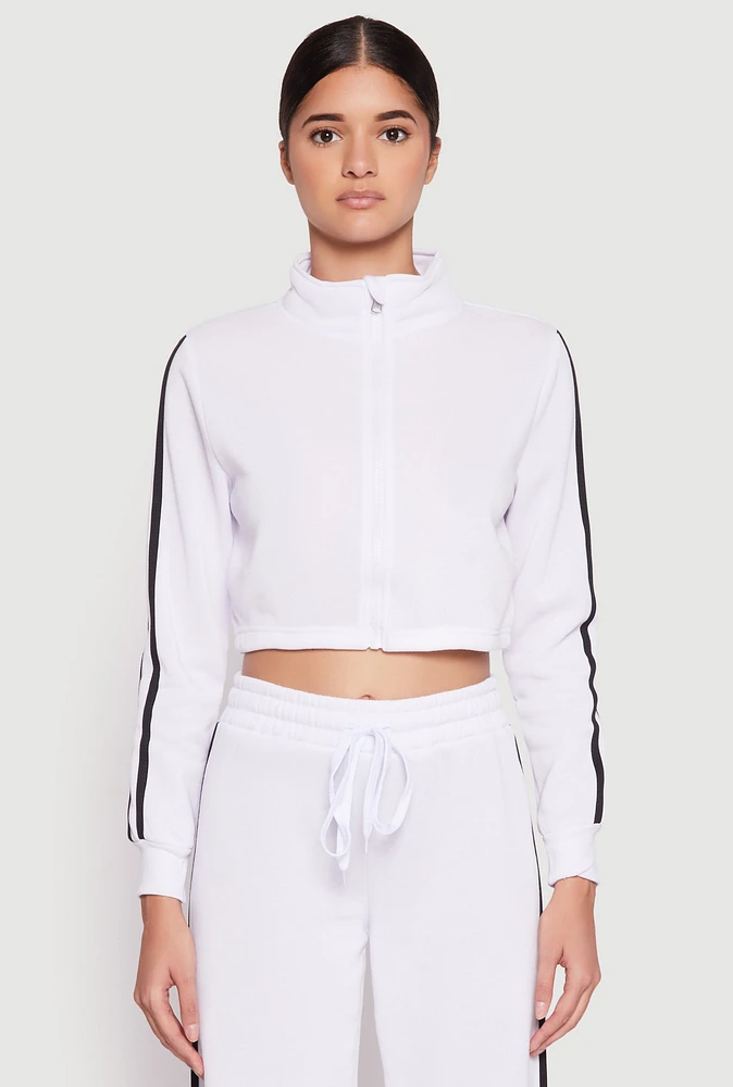 Womens Varsity Stripe Zip Front Cropped Sweatshirt, White, Size L