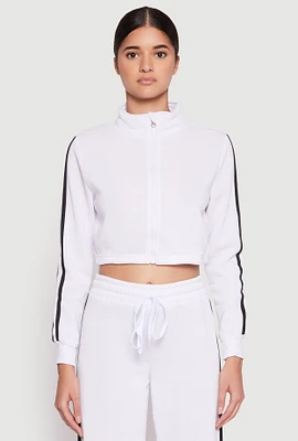 Womens Varsity Stripe Zip Front Cropped Sweatshirt, White, Size L