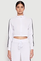 Womens Varsity Stripe Zip Front Cropped Sweatshirt, White, Size L