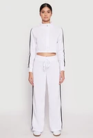 Womens Varsity Stripe Zip Front Cropped Sweatshirt, White, Size L