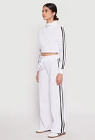 Womens Varsity Stripe Zip Front Cropped Sweatshirt, White, Size L
