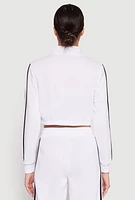Womens Varsity Stripe Zip Front Cropped Sweatshirt, White, Size L