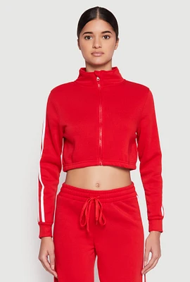 Womens Varsity Stripe Zip Front Cropped Sweatshirt, Red, Size M