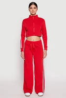 Womens Varsity Stripe Zip Front Cropped Sweatshirt, Red, Size M