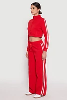 Womens Varsity Stripe Zip Front Cropped Sweatshirt, Red, Size M